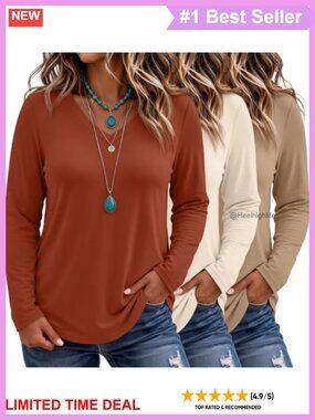 Plus Size V Neck Long Sleeve Tops 3 Pack Curved Hem Tunics